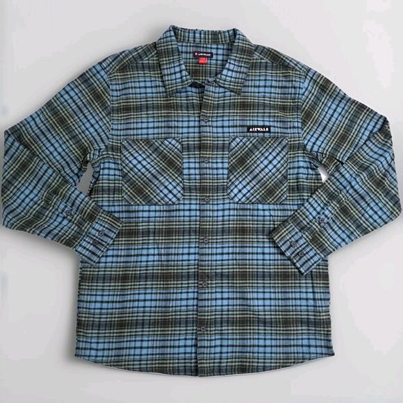 Airwalk Men's Large Plaid Button Flannel Shirt Blue Green Black Check Pockets - Picture 1 of 8